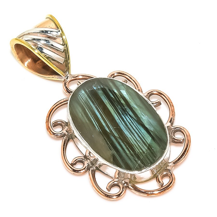 Labradorite Two-Tone 925 Sterling Silver Pendant 1.30 Inch
