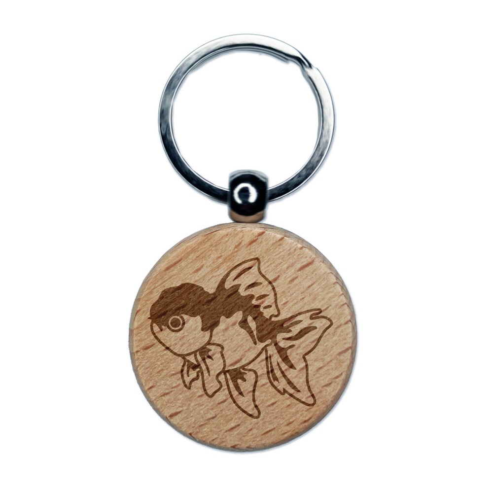 Lionhead Fancy Pet Goldfish Engraved Wood Round Keychain Tag Charm