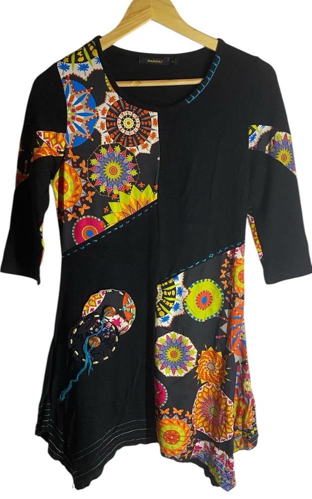 Radzoli Black  Patchwork Beaded Asymmetric Hem Art To Wear Dress  Small
