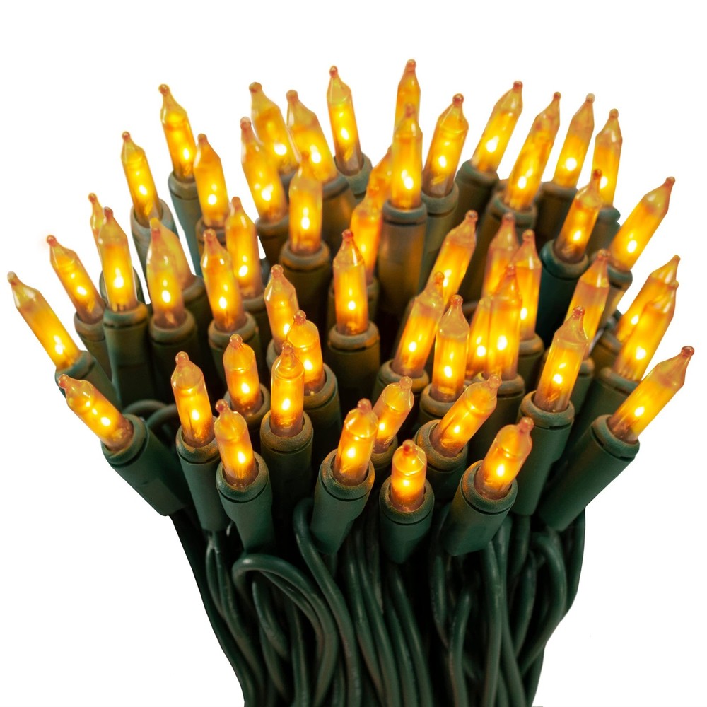 100 Gold Frost Christmas Lights on Green Wire - UL Approved for Indoor Use