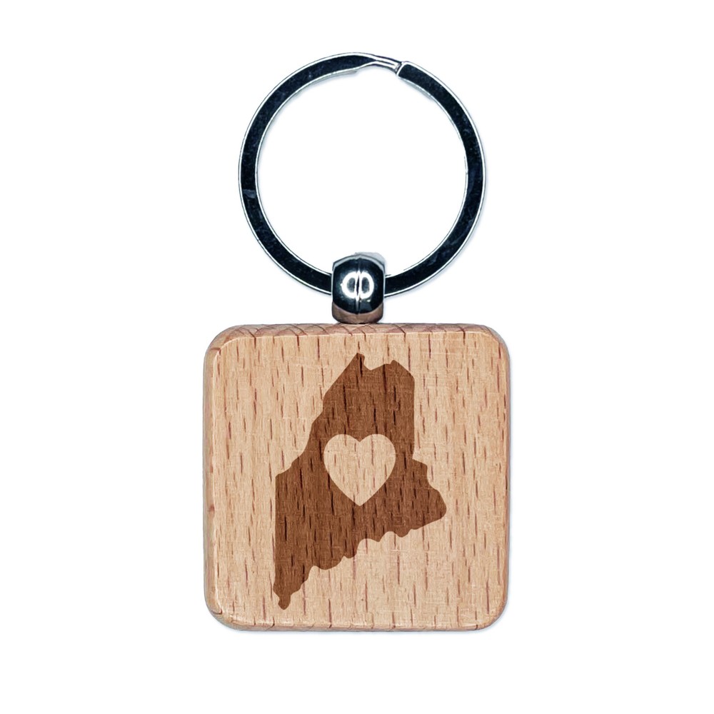 Maine State Heart Engraved Wood Keychain Charm Tag  