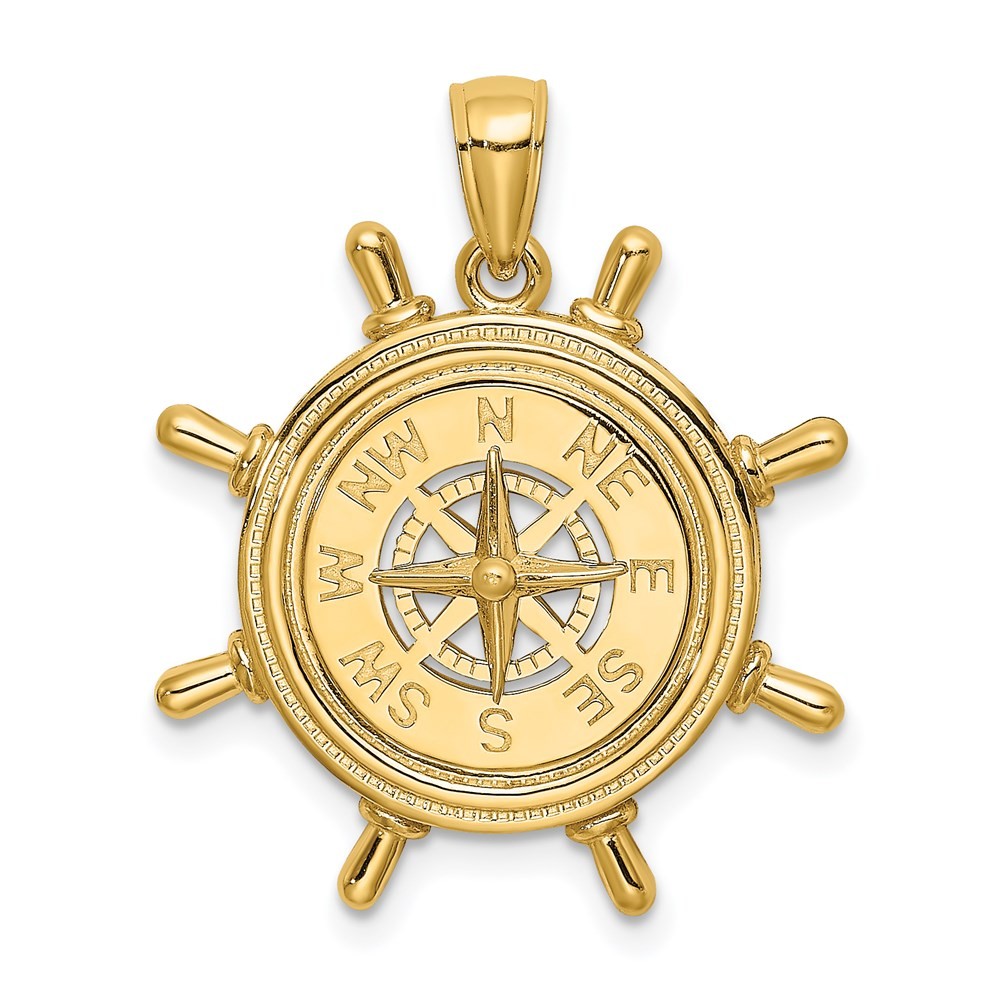 14k Yellow Gold Ships Wheel with Nautical Compass Charm Pendant L-1.2 Inch