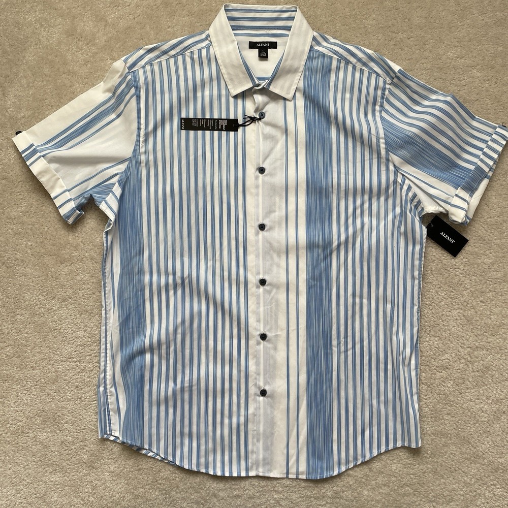 Alfani Men’s Short Sleeve Button Up Shirt White Blue Stripe Size Large NWT