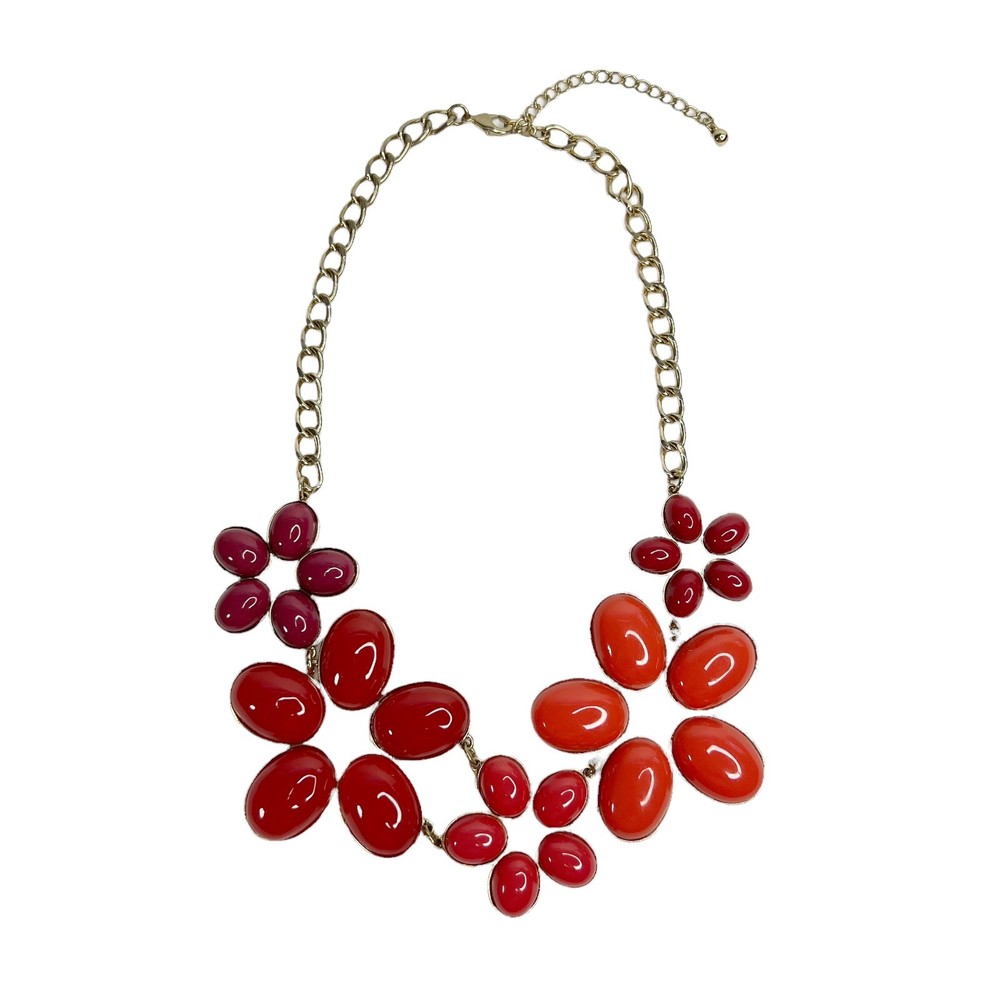 Red, Orange & Burgandy Flower Power Gold Tone Chain Statement Necklace Acrylic