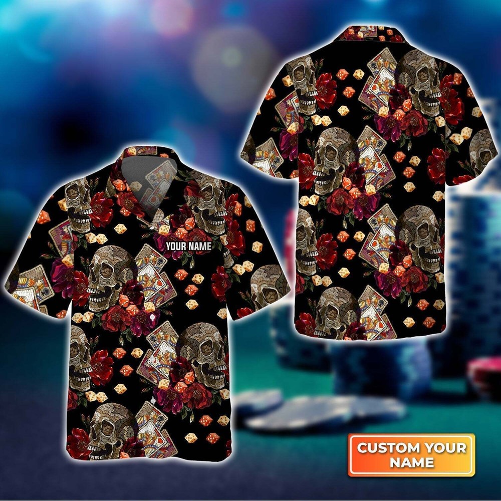 Casino Skull Colorful Personalized Name 3D Hawaiian Shirt For Poker Players HO37