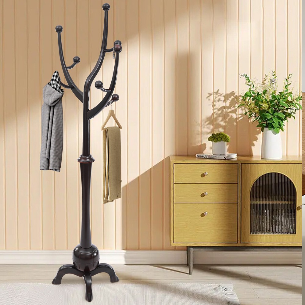 Bedroom Hat Coat Rack Wooden Freestanding Clothes Rack Tree Stand Hanger 8 Hooks