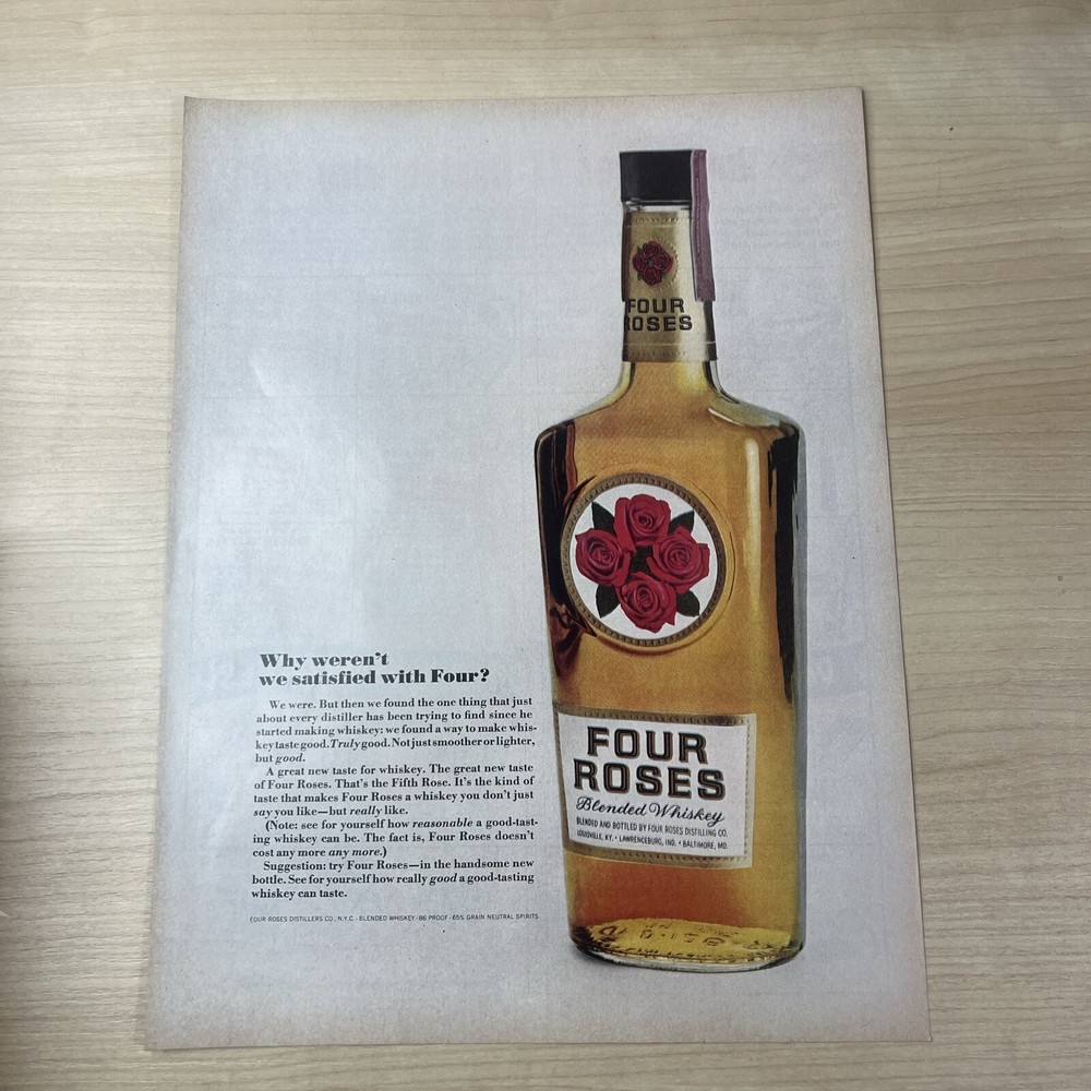 Four Roses Blended Whiskey Glass Bottle 1965 Vintage Print Ad Life Magazine