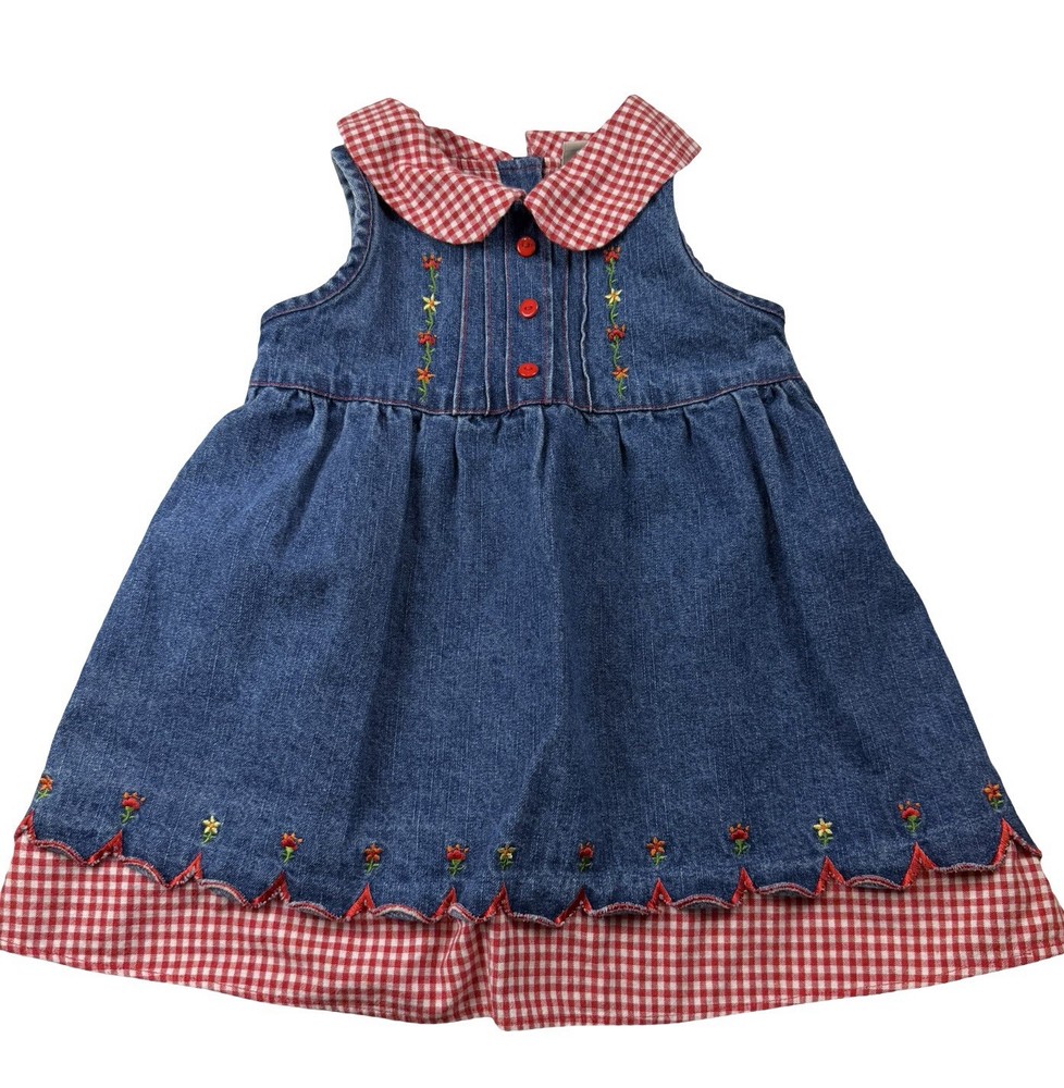 Arizona Jean Co Denim Toddler Dress 24M Red Gingham Embroidered Floral Cottage