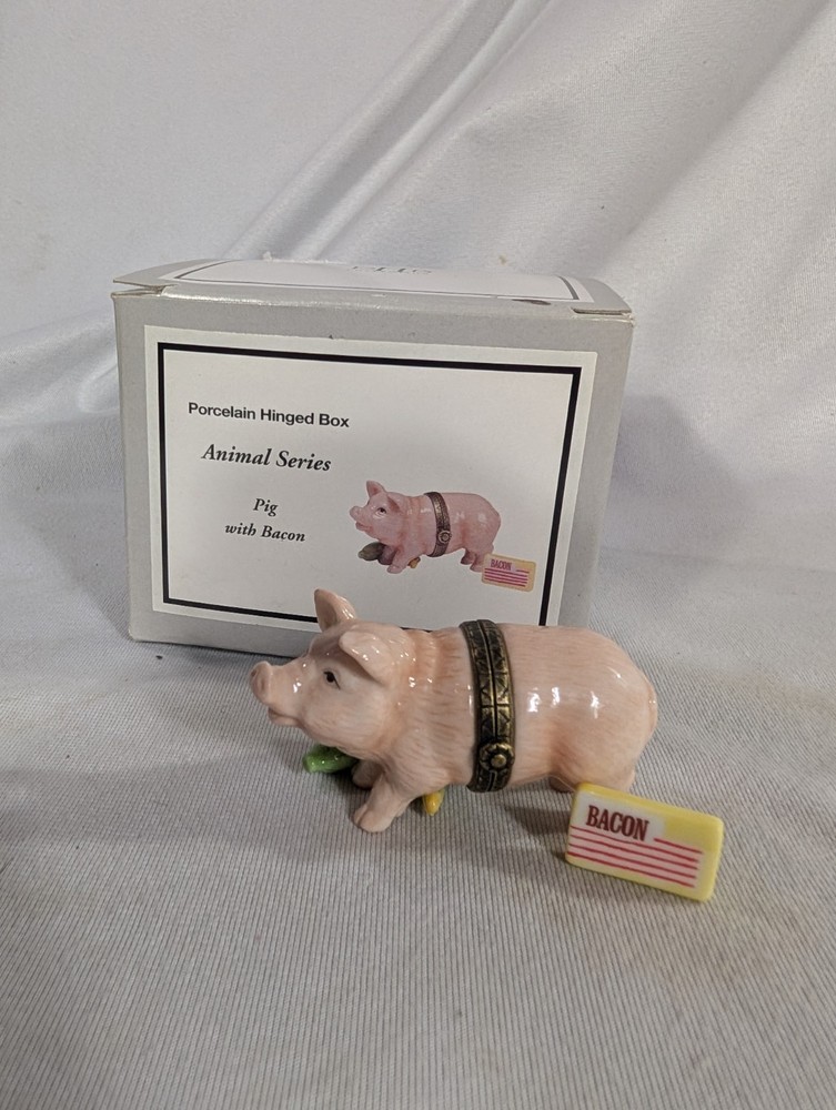 PHB Porcelain Hinged Trinket Box Pig with Bacon Inside
