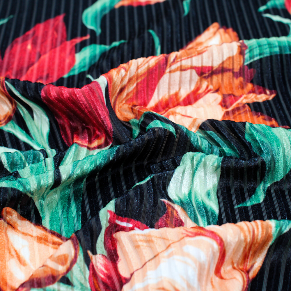 Watercolor Floral Prints on Velvet Burn Out Rib Fabric by the Yard