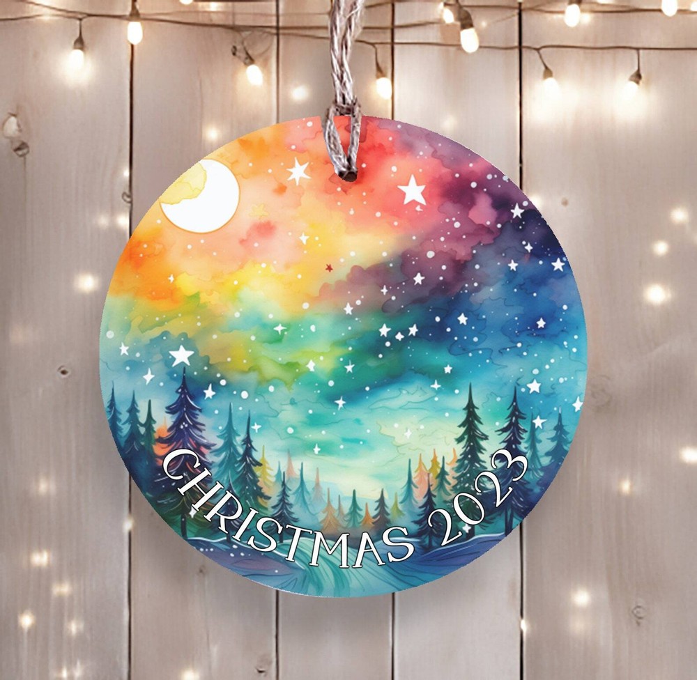 Ceramic 2024 Christmas Ornament with Watercolor Tree and Starry Sky Design for Holiday Tree Decoration