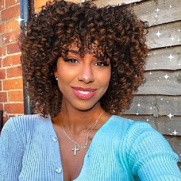 Women Ombre Blonde Short Curly Afro Wigs With Bangs Kinky Curly Wig Synthetic