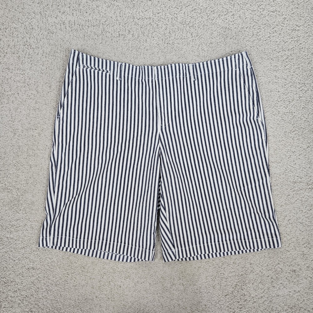 Lands End Bermuda Shorts Chinos Womens 20w Blue White Vertical Stripe Coastal