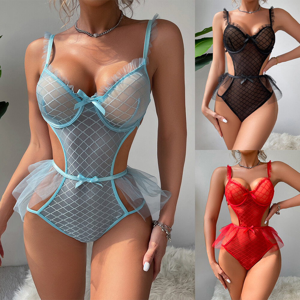 Sensual Lace Mesh Bodysuit Ruffle Nightwear for Women