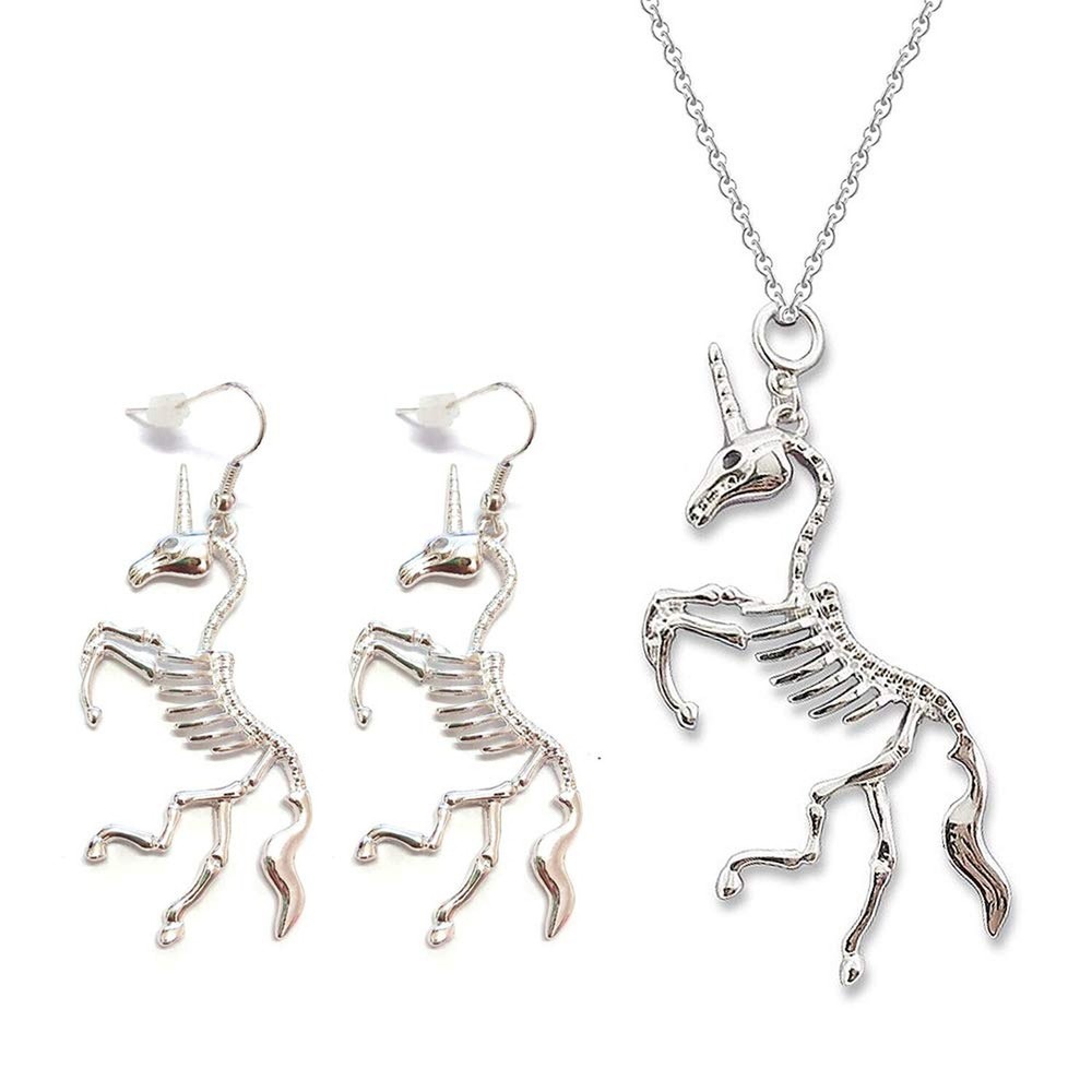 Gothic Skeleton Earrings & Necklace Set Silver Zombie Pendant Jewelry