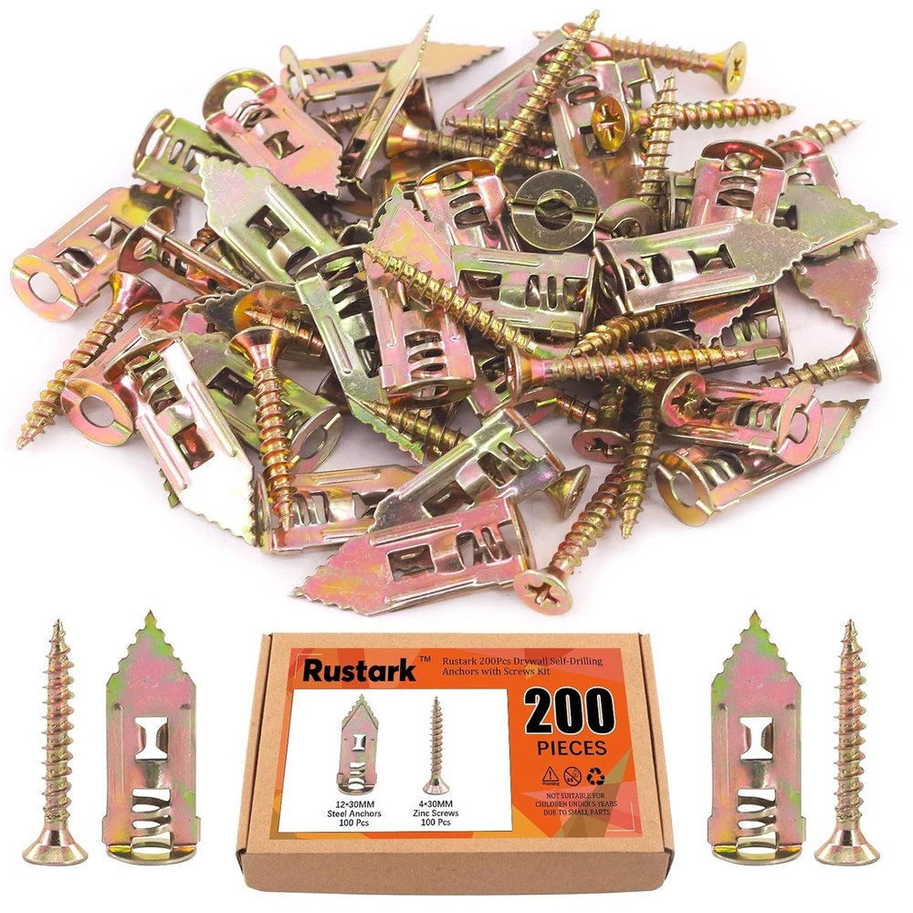 200Pcs Drywall Anchor Kit, Steel Self-Drilling Anchors with One Size, Gold