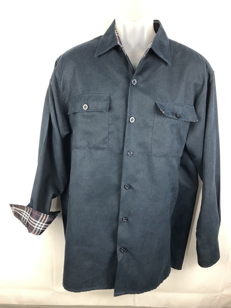 Gachu Button Shirt Mens L Blue Heavy Plaid Flip Cuff