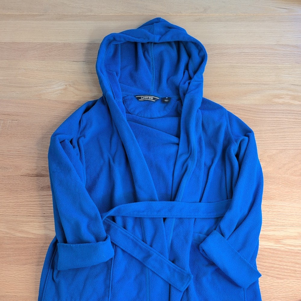 Lands' End Bathrobe Kids Size 8 Hooded Royal Blue Fleece Tie Waist Fuzzy Comfy