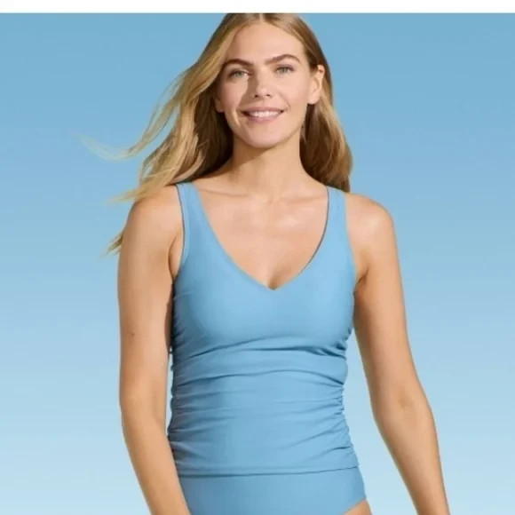 Lands' End Women's V Neck Shirred TANKINI Top - Blue 16: Adjustable Strap UPF 50