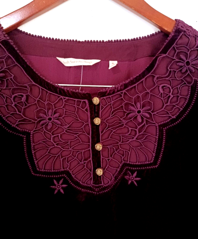 Womens Velvet Lace Crochet Embroidered Blouse XL Gothic Fairy Ethereal Oxblood