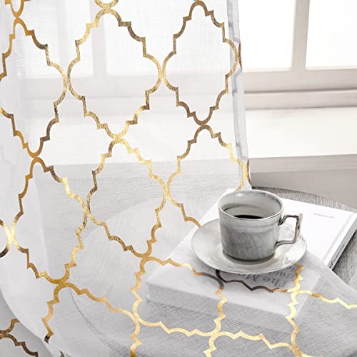 Gold White Sheer Curtains 52x45 Inches Set of 2 Elegant Light Filtering Panels