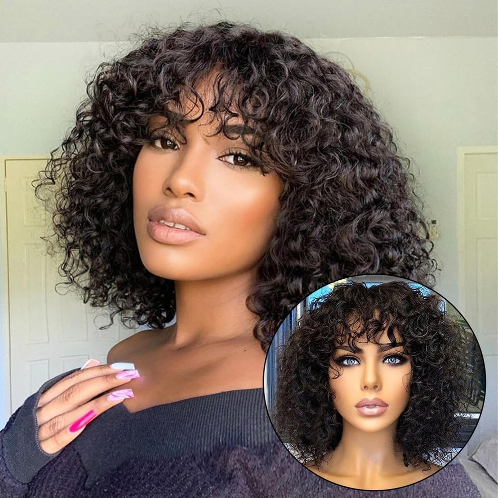 2x1Lace Front WigBrazilian ShortBob Kinky Curly Virgin Human Hair Wig for Women