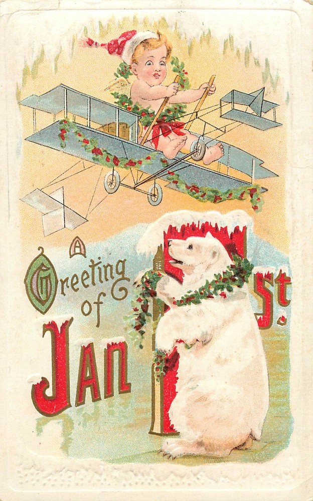 Embossed New Years Postcard Polar Bear, Baby Flying Bi Plane M 576-image
