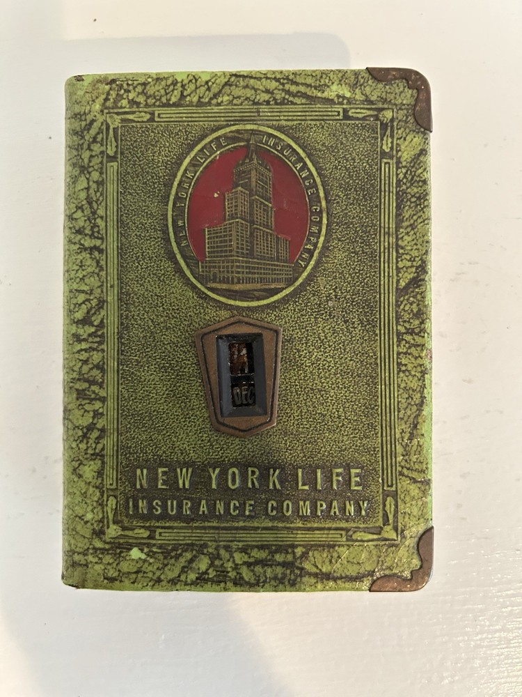 NEW YORK LIFE INSURANCE CO VINTAGE MINI GREEN BOOK COIN BANK NO KEY; SEE PICS!