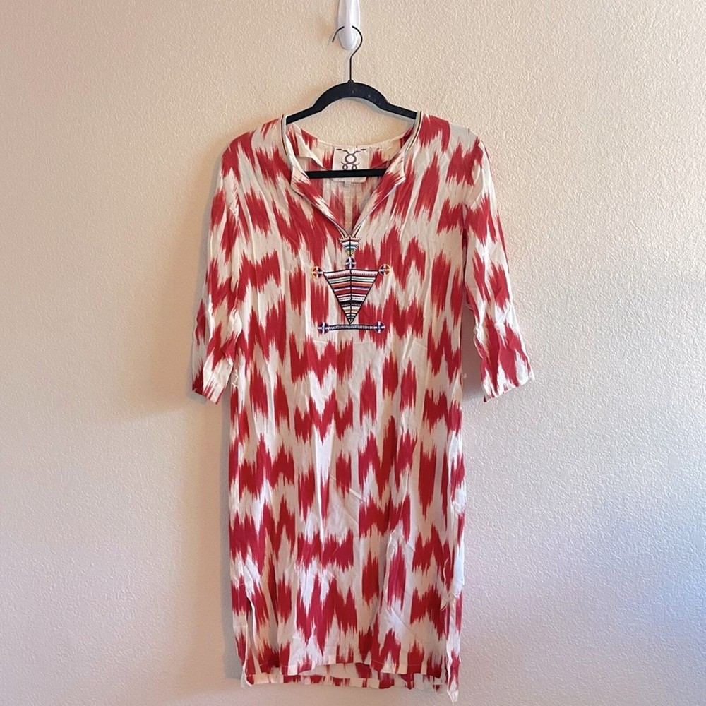 Beaded Silk Boho Dress in Red White Julia Print Size XXS