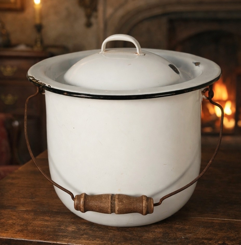 Vintage Enamelware Chamber Pot Bucket White Enamel Bail Handle Wood Grip 10 Inch