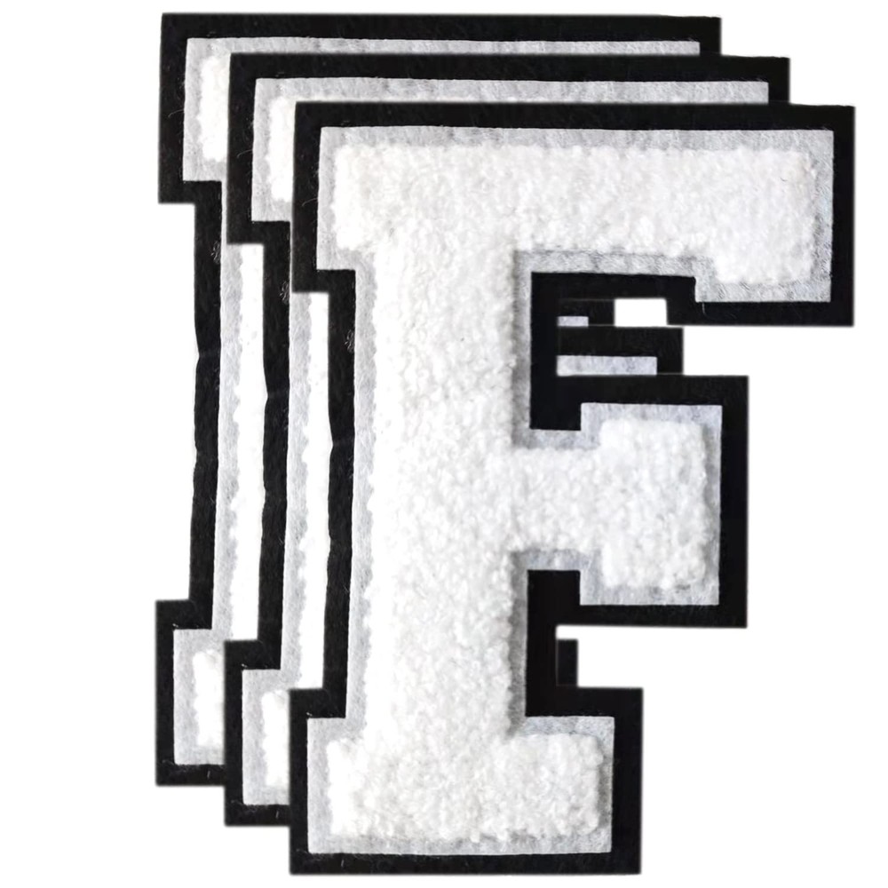 White Chenille Letter F Patch 4-1/2 inch Large Size Iron on Varsity Patch