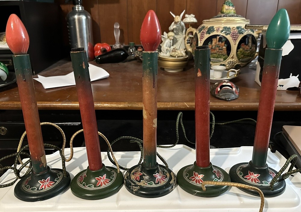 1940’s NOMA?  Christmas Electric Candles Green and Red Pointsetta Bases,Lot Of 5