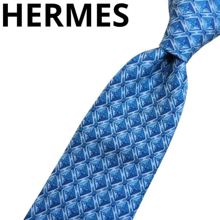 HERMES Necktie Tie Blue Men's Geometric Made in France 100% Silk Authentic Used