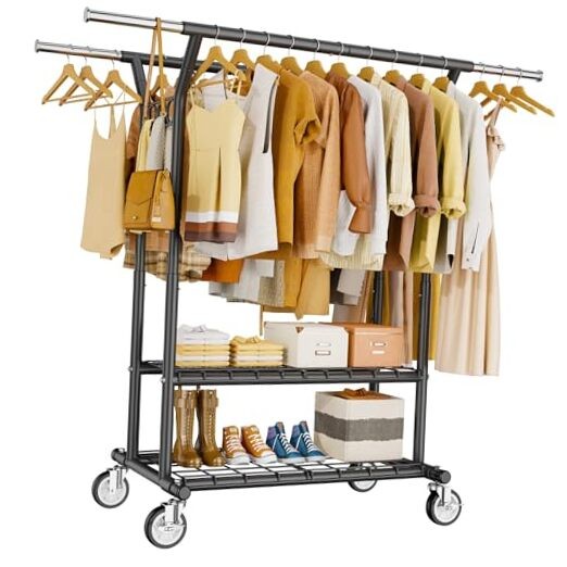 Heavy Duty Clothes Rack, Rolling Clothing Rack With Shelves Load Black Large