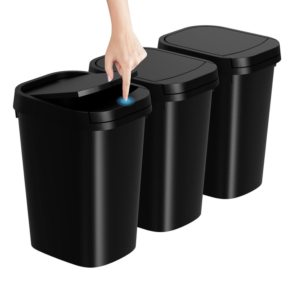 3 Pack Bathroom Small Trash Can with Lid, 2.6 Gallon Slim Garbage Bin Black