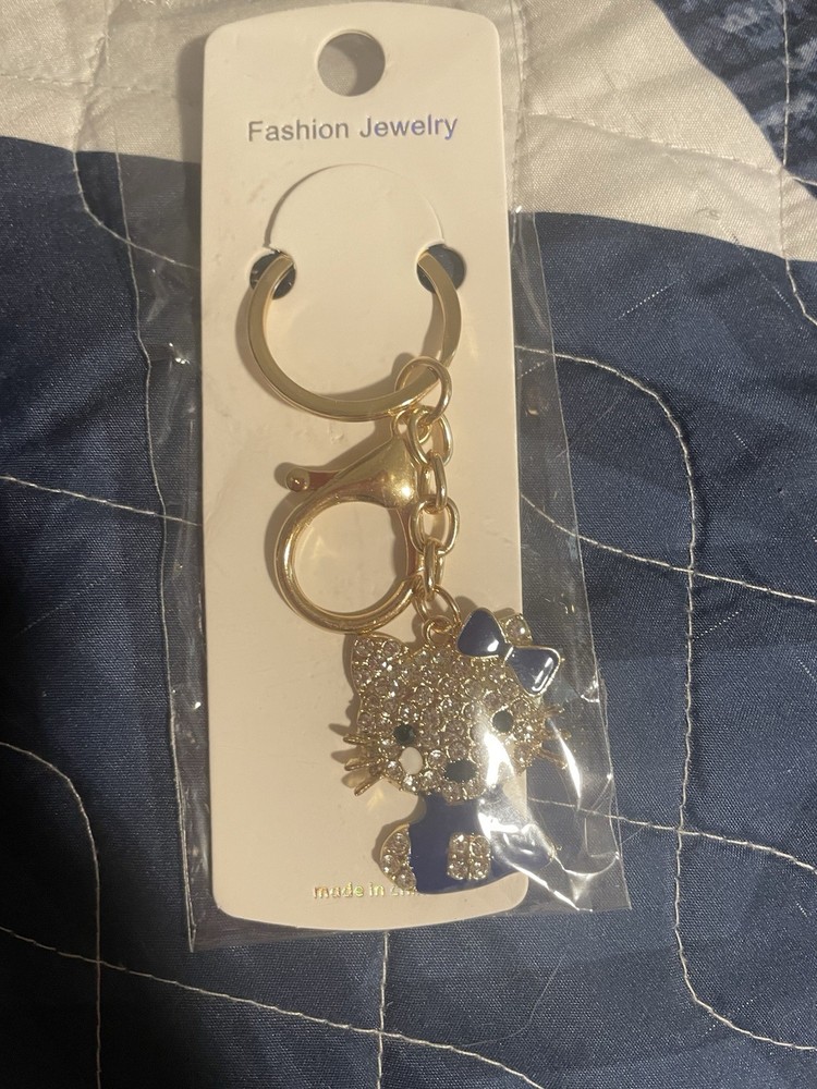 Hello Kitty Blue Gold Rhinestone Keychain Purse Charm