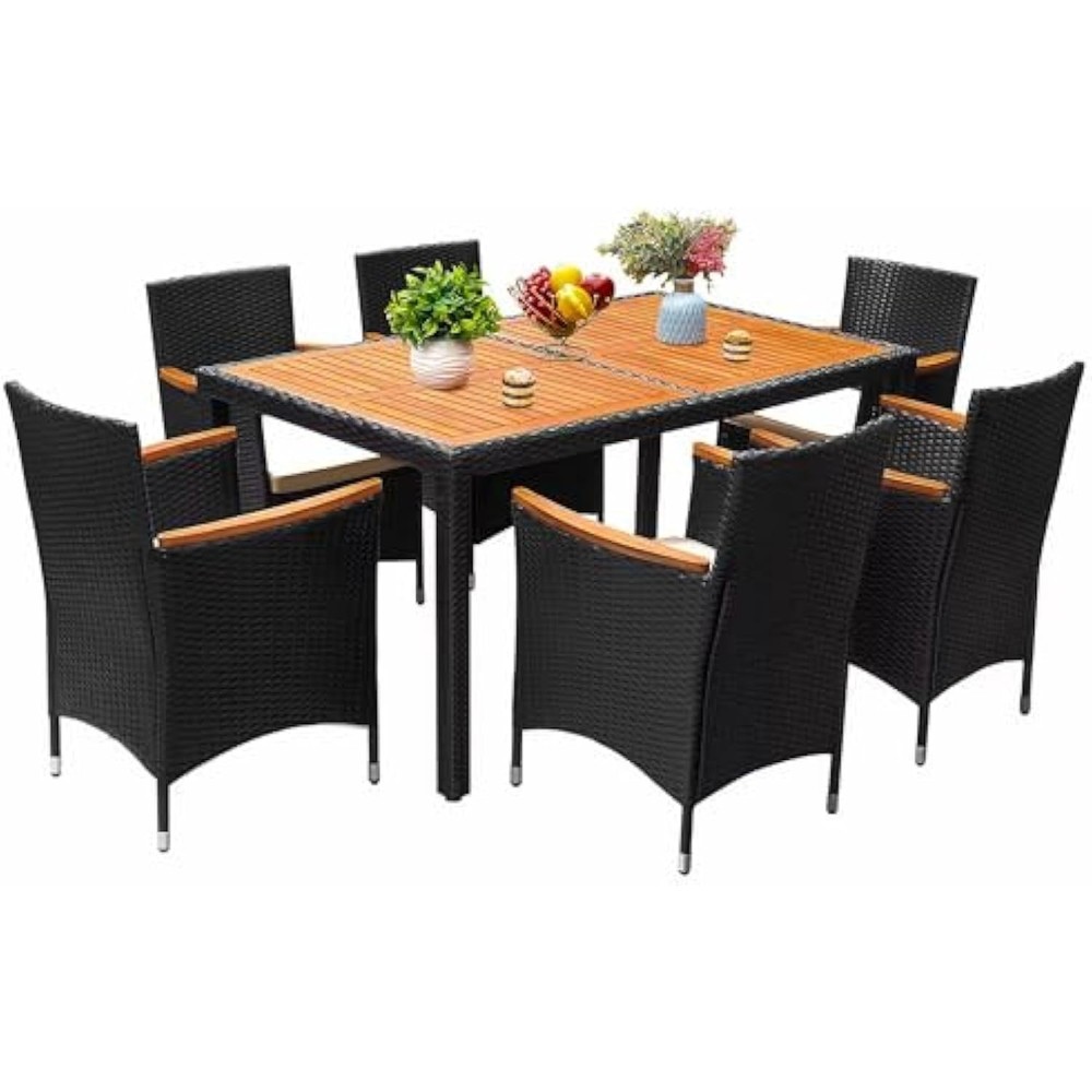 7-piece acacia wood outdoor patio dining set with table, chairs, and sofa