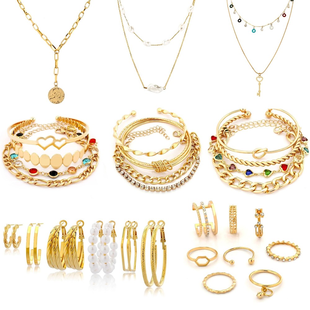 Gold Chain Bracelets Sets and 3 Pcs Gold Chain Necklace 6Pair Earrings 10 Pcs...