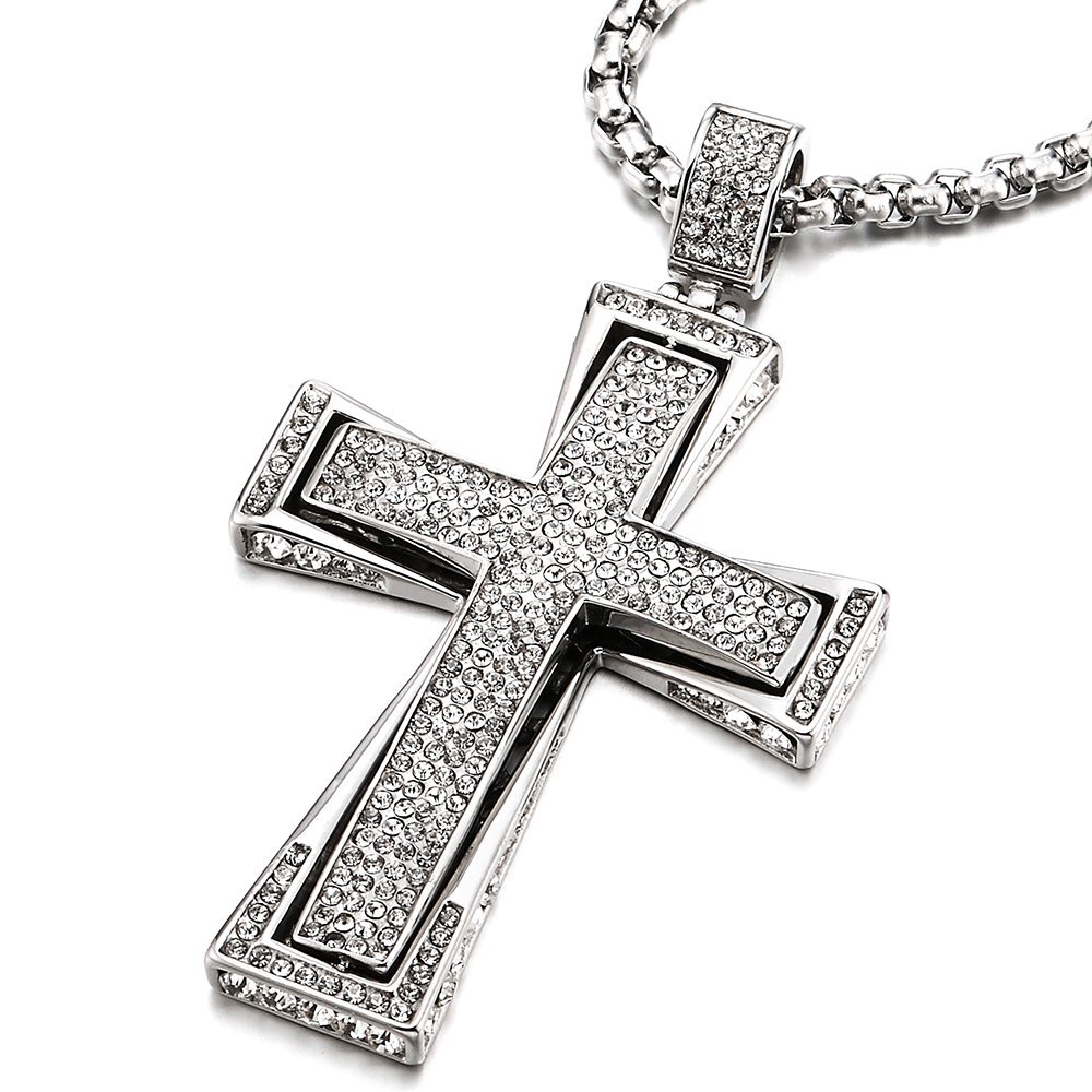 Men Women LARGE Steel Cross Pendant Necklace with Cubic Zirconia, 30 inches W...