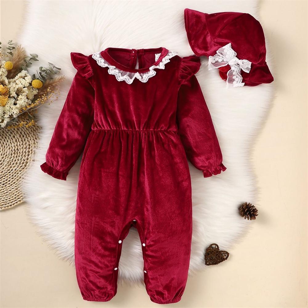 Christmas 2pcs Clothing Outfits Baby Girl Silky Romper with Hat Lace Neck Long