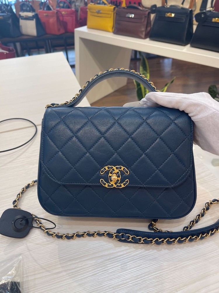 CHANEL 19 Blue Leather Top Handle Shoulder Bag with Chain Strap