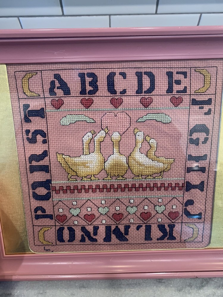 Vintage Needlepoint Alphabet Art with Geese and Hearts 9x11 Wall Decor