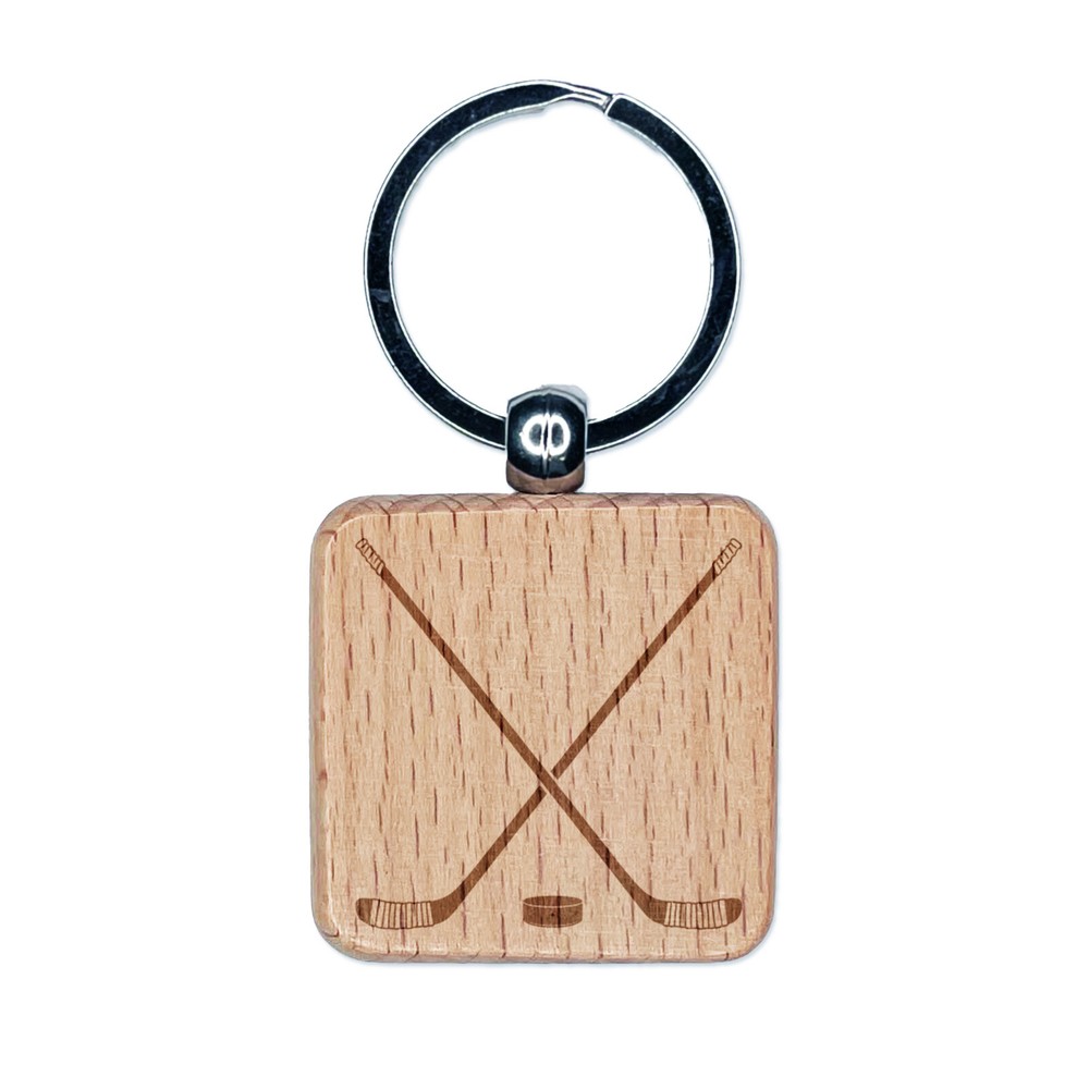 Engraved Hockey Sticks & Puck Wood Keychain Charm  