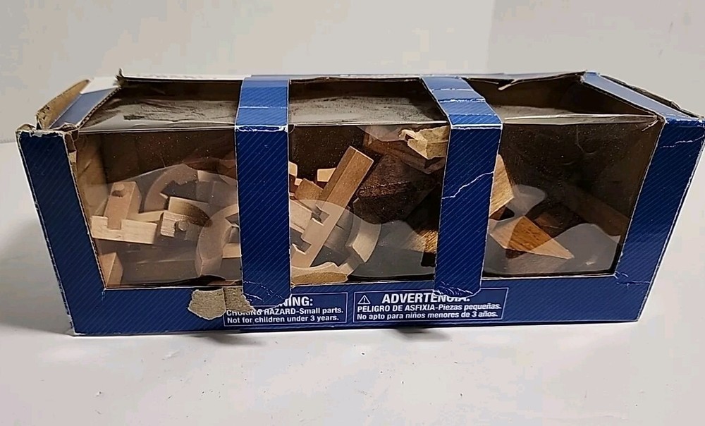Fathers Day Wooden Brain Teasers Set of 3 Piece Wood Cube Puzzles Gift Preowned-image