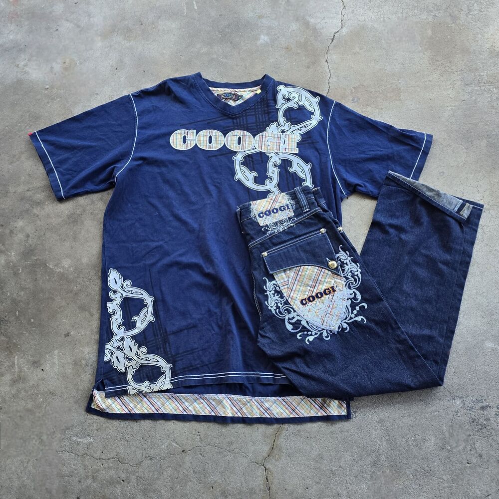 Vintage Y2K Coogi 90’s Baggy Hip Hop Skate Embroidered Flap Jeans Shirt Set