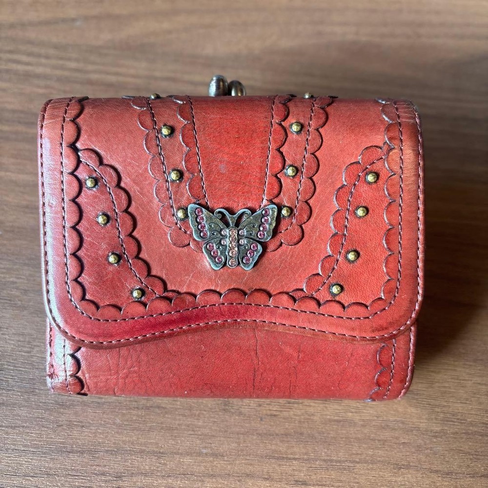 Anna Sui Leather Trifold Wallet Deep Pink Dusty Red Compact Used Japan