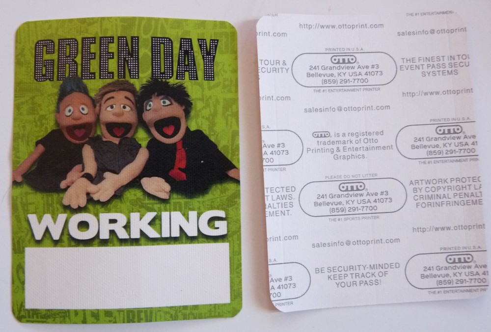 Green Day RARE Muppets Tour Green Working Concert Backstage Pass D6