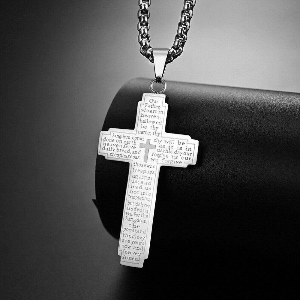 Cross Pendant Necklace for Women Men Stainless Steel Lord's Prayer Bible Chain