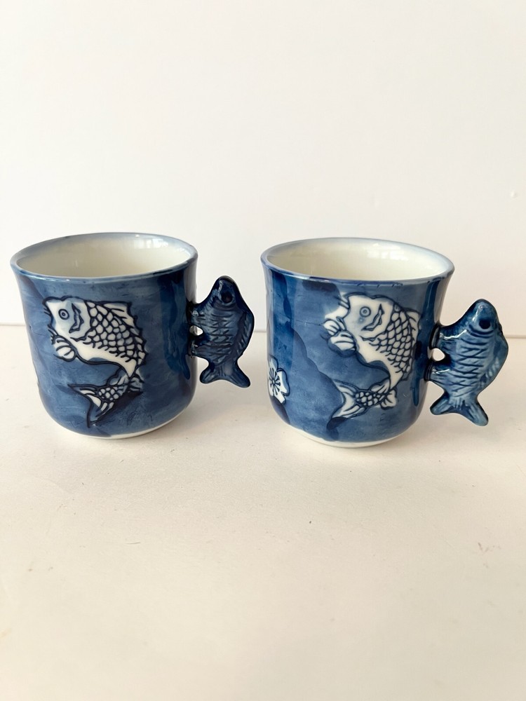 Vintage Asian 2 Blue Tea Cups Hand Painted With Fish Handles Blue Signed Fun