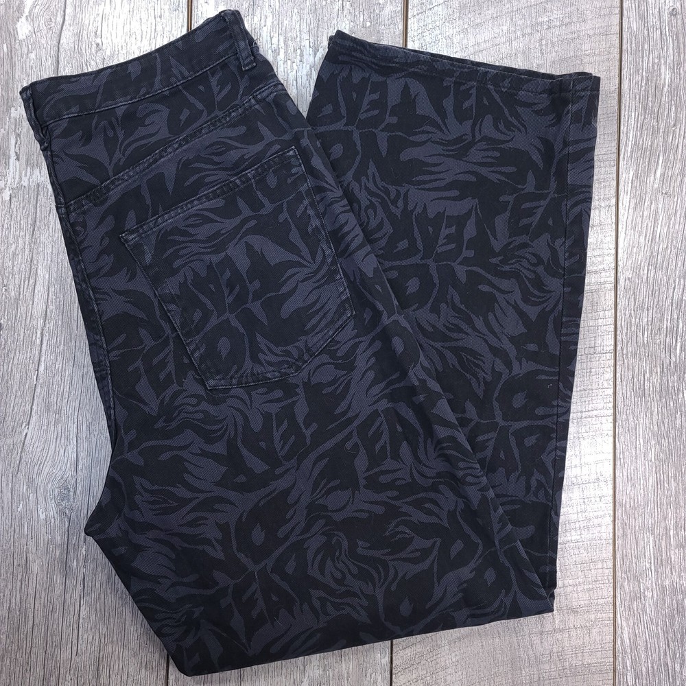 No Fear Womens Baggy Loose Wide Leg Jeans Size 12 Black Logo Print High Rise